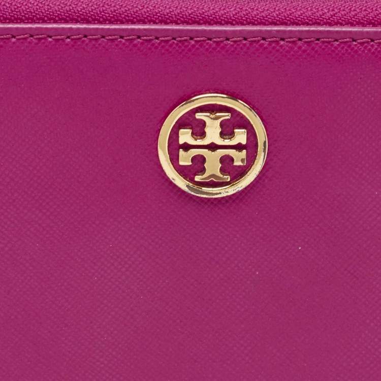 Pre Owned Tory Burch Majenta Saffiano Leather Robinson Zip Around Wallet