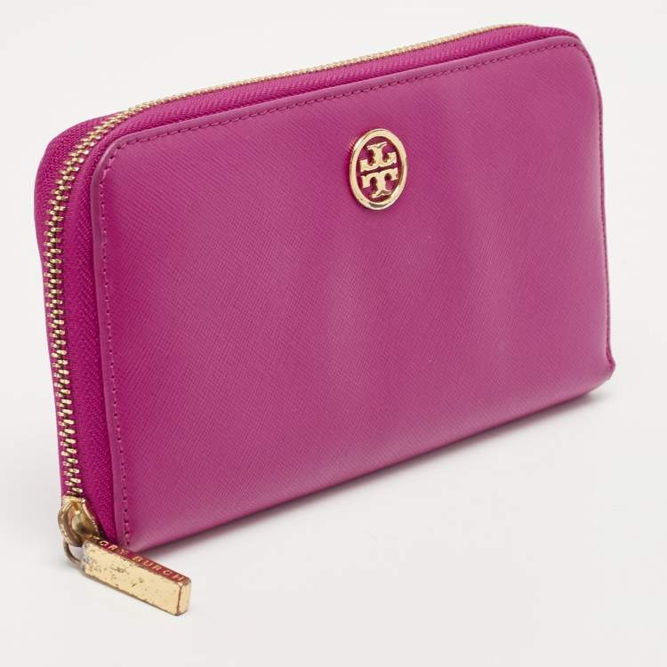 Pre Owned Tory Burch Majenta Saffiano Leather Robinson Zip Around Wallet
