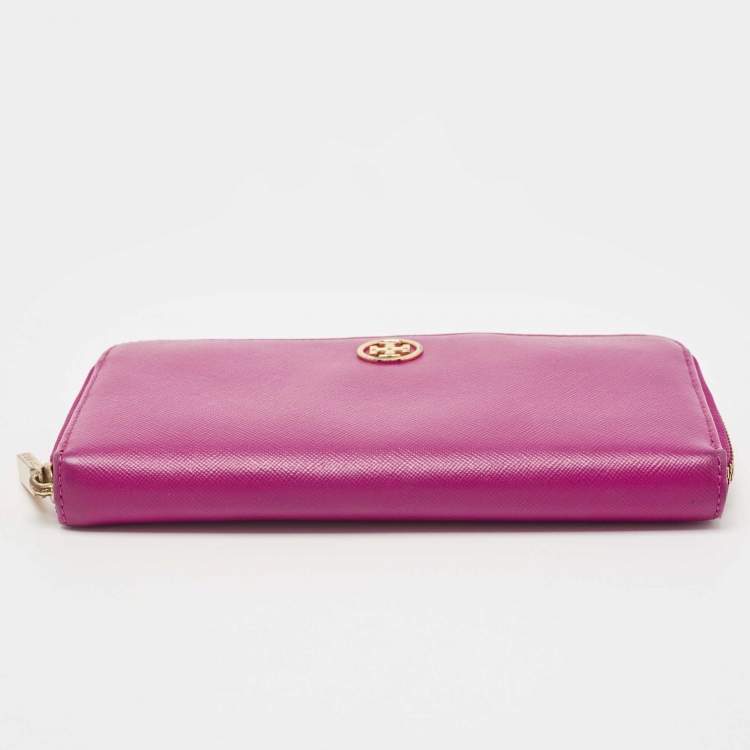 Pre Owned Tory Burch Majenta Saffiano Leather Robinson Zip Around Wallet