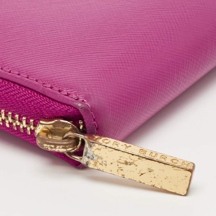 Pre Owned Tory Burch Majenta Saffiano Leather Robinson Zip Around Wallet