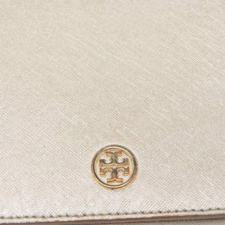Pre Owned Tory Burch Silver Saffiano Leather Robinson Flap Shoulder Bag 