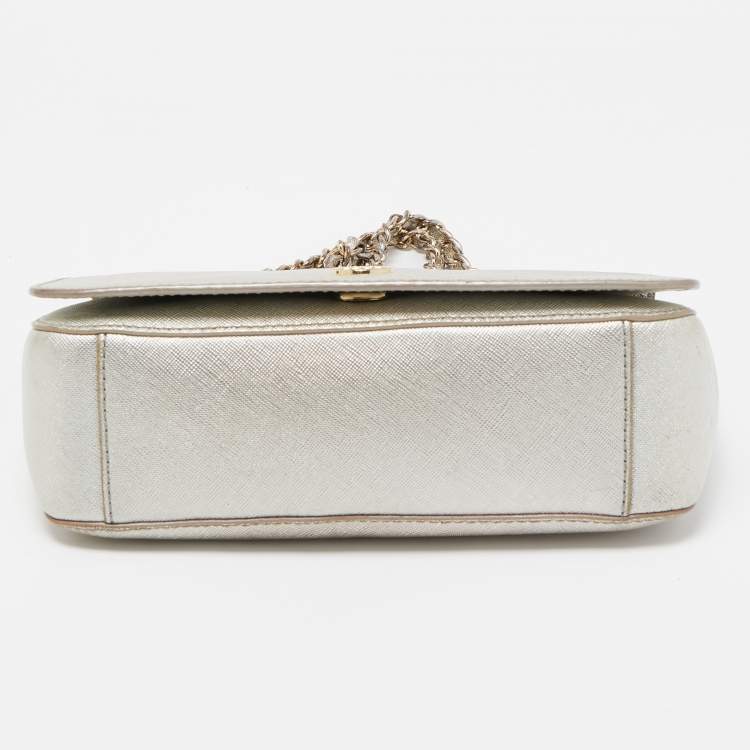 Pre Owned Tory Burch Silver Saffiano Leather Robinson Flap Shoulder Bag 