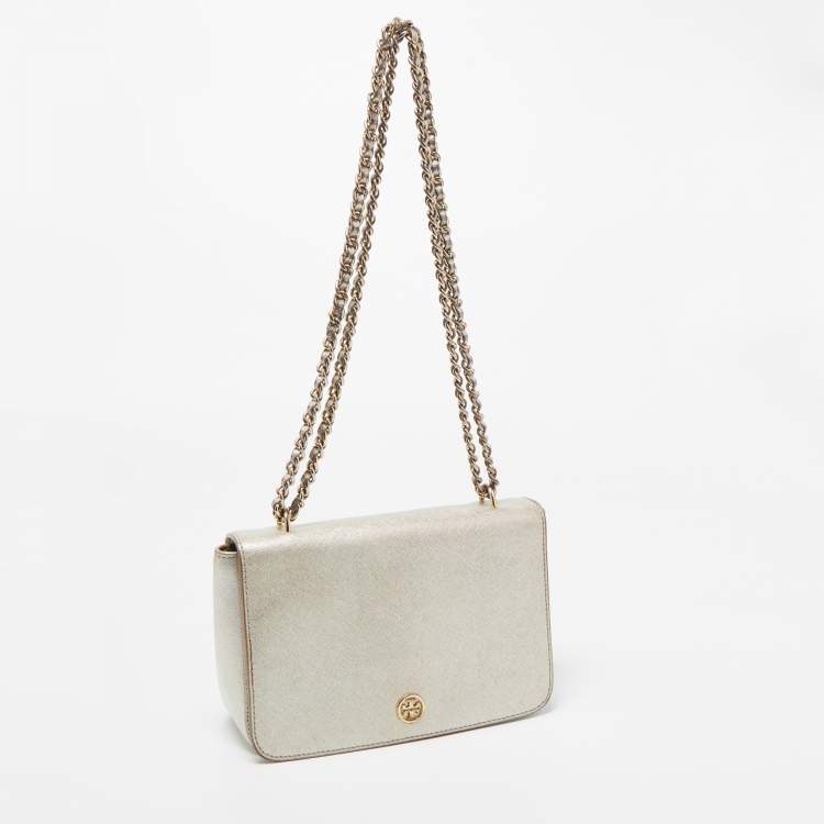 Pre Owned Tory Burch Silver Saffiano Leather Robinson Flap Shoulder Bag 