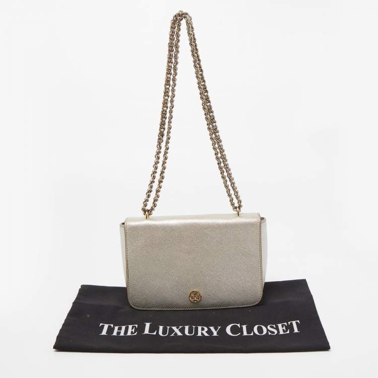 Pre Owned Tory Burch Silver Saffiano Leather Robinson Flap Shoulder Bag 