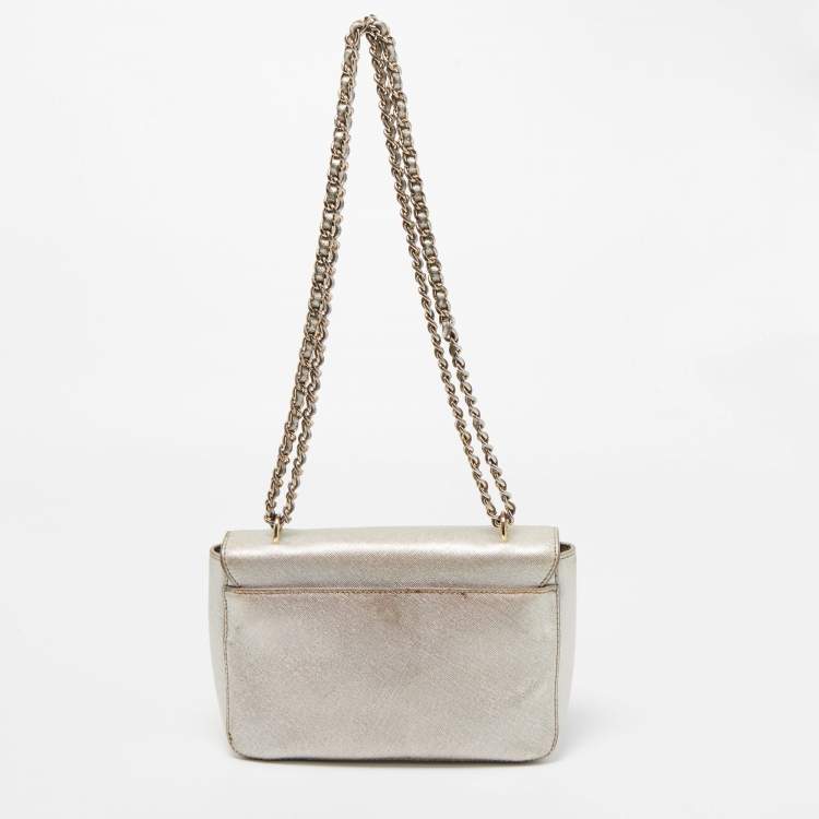 Pre Owned Tory Burch Silver Saffiano Leather Robinson Flap Shoulder Bag 
