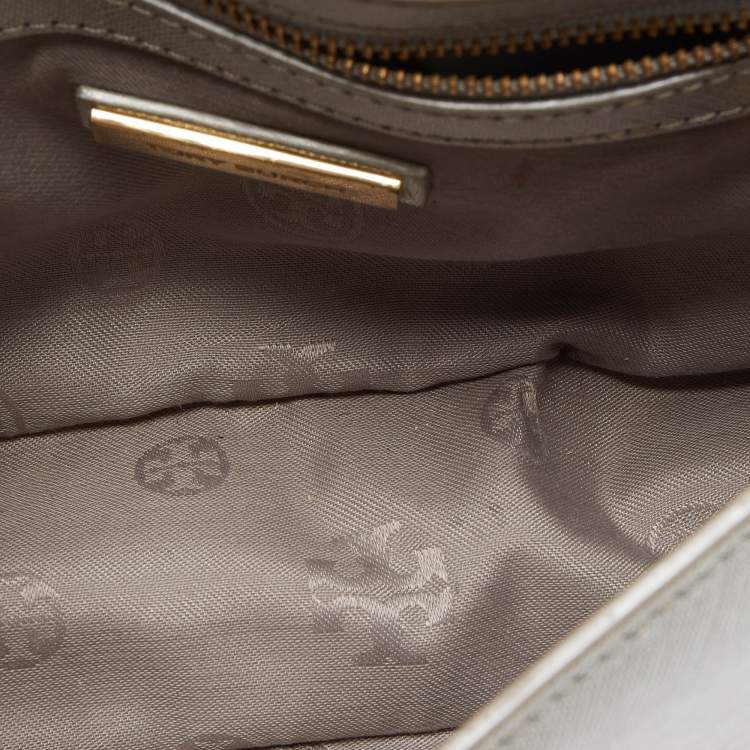 Pre Owned Tory Burch Silver Saffiano Leather Robinson Flap Shoulder Bag 