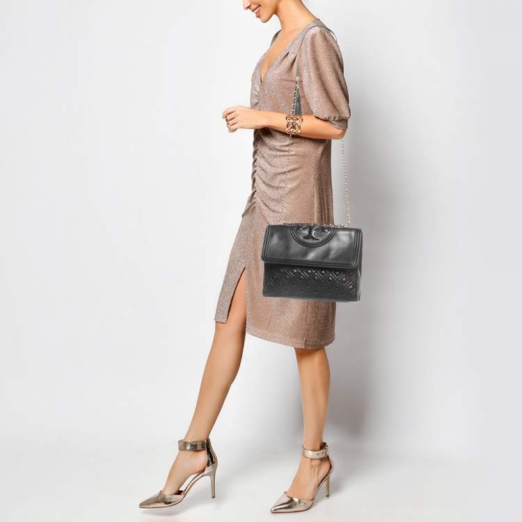 Pre Owned Tory Burch Black Leather Fleming Convertible Shoulder Bag