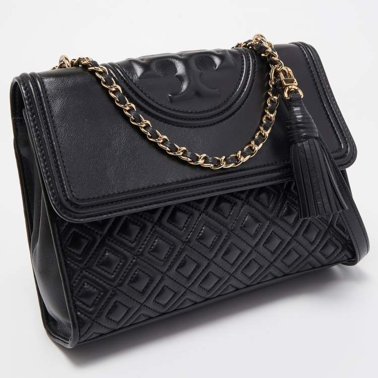 Pre Owned Tory Burch Black Leather Fleming Convertible Shoulder Bag