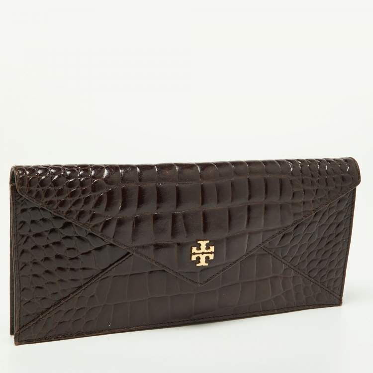 Pre Owned Tory Burch Brown Croc Embossed Envelope Clutch