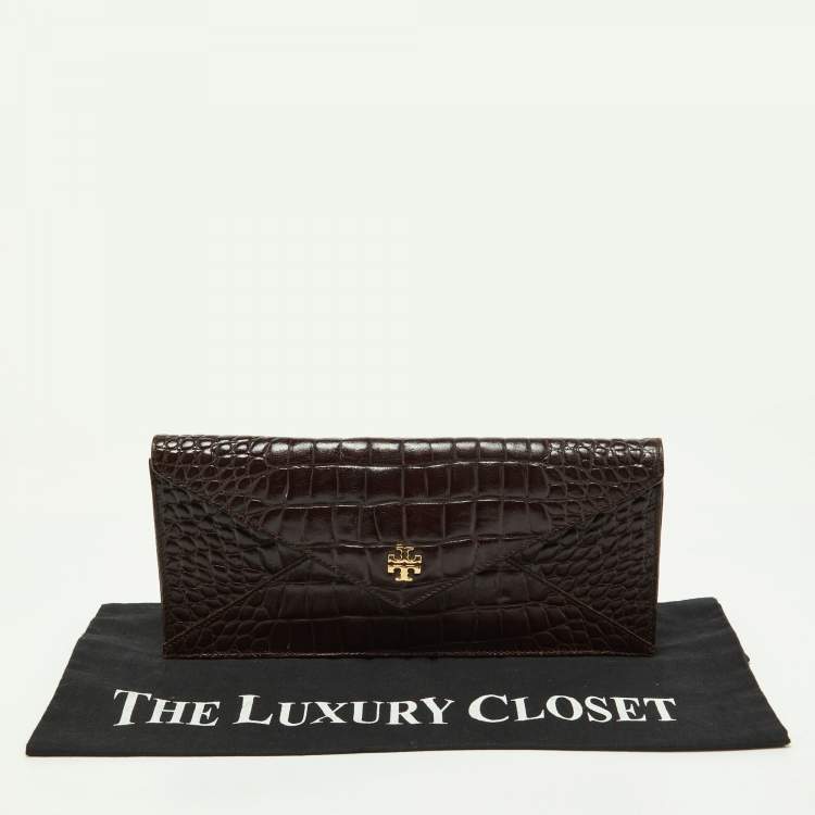Pre Owned Tory Burch Brown Croc Embossed Envelope Clutch