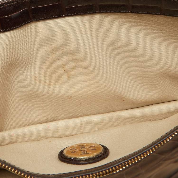 Pre Owned Tory Burch Brown Croc Embossed Envelope Clutch