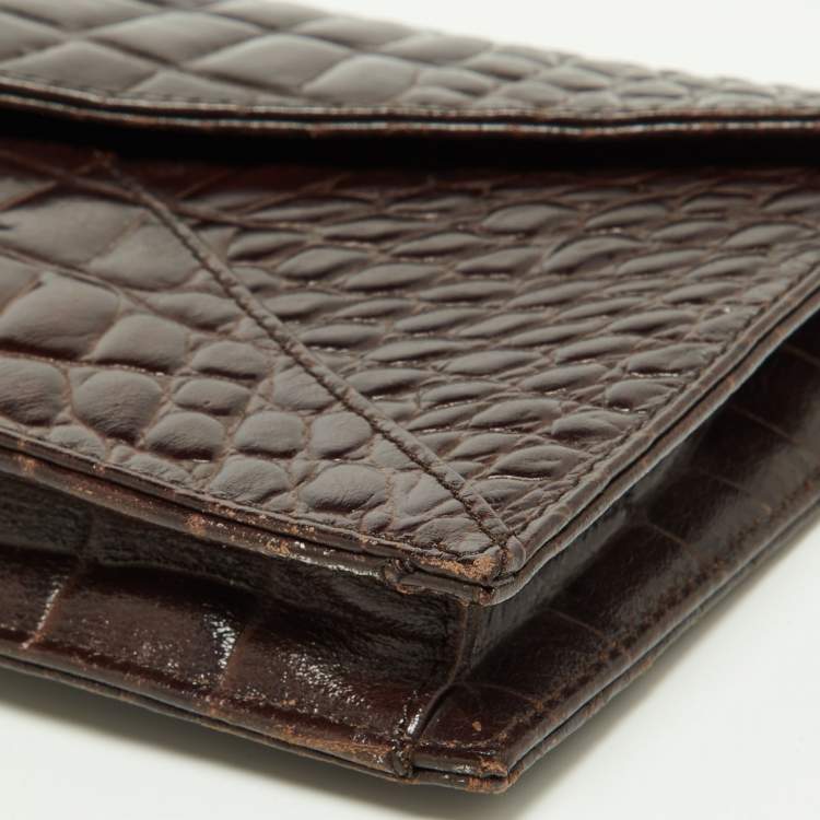 Pre Owned Tory Burch Brown Croc Embossed Envelope Clutch