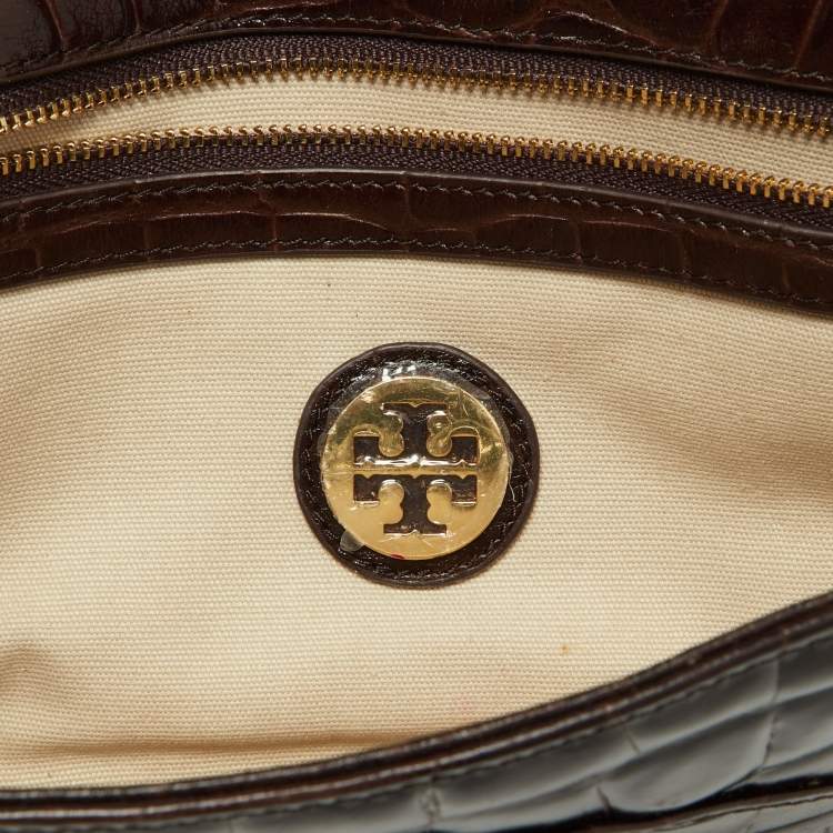 Pre Owned Tory Burch Brown Croc Embossed Envelope Clutch