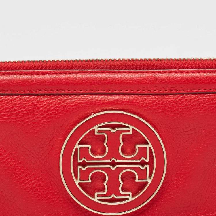 Pre Owned Tory Burch Red Leather Amanda Continental Zip Around Wallet
