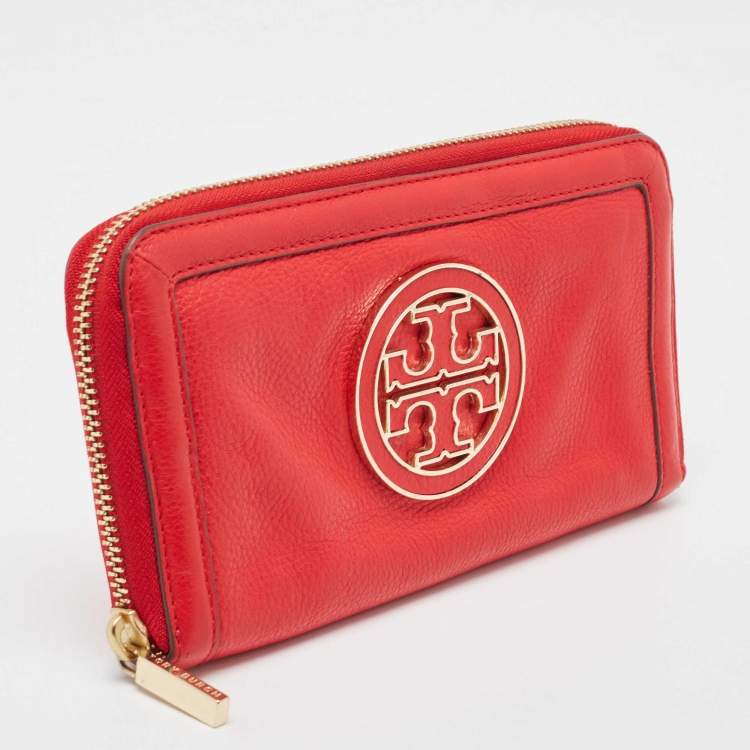 Pre Owned Tory Burch Red Leather Amanda Continental Zip Around Wallet