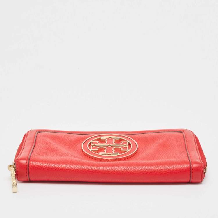 Pre Owned Tory Burch Red Leather Amanda Continental Zip Around Wallet