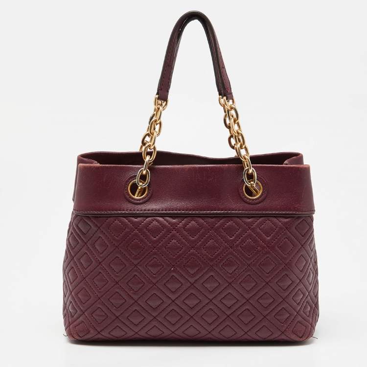 Pre Owned Tory Burch Burgundy Quilted Leather Fleming Satchel