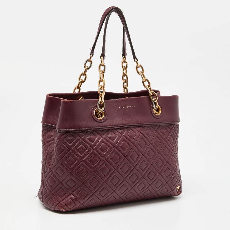 Pre Owned Tory Burch Burgundy Quilted Leather Fleming Satchel