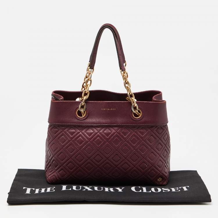 Pre Owned Tory Burch Burgundy Quilted Leather Fleming Satchel