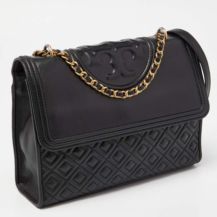 Pre Owned Tory Burch Black Leather Large Fleming Shoulder Bag
