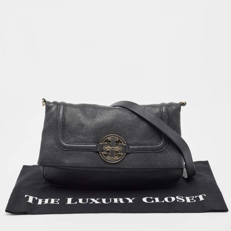 Pre Owned Tory Burch Black Leather Amanda Foldover Crossbody Bag