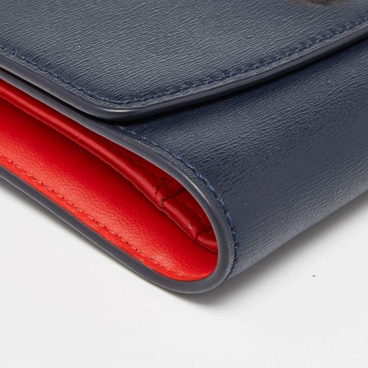 Pre Owned Tory Burch Blue Leather Robinson Flap Trifold Wallet
