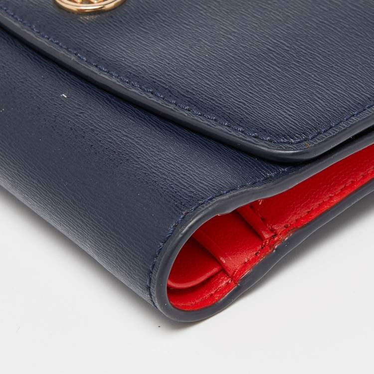 Pre Owned Tory Burch Blue Leather Robinson Flap Trifold Wallet