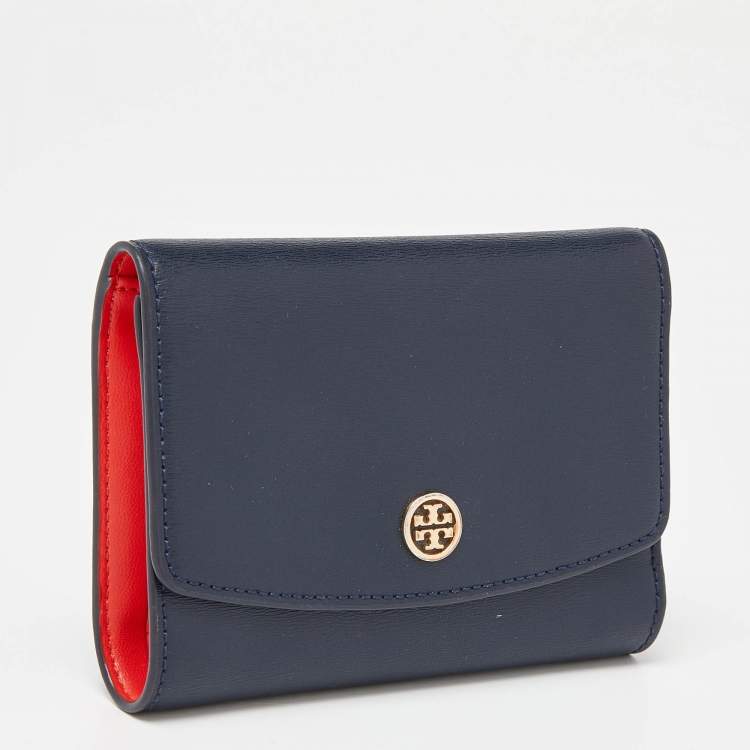 Pre Owned Tory Burch Blue Leather Robinson Flap Trifold Wallet