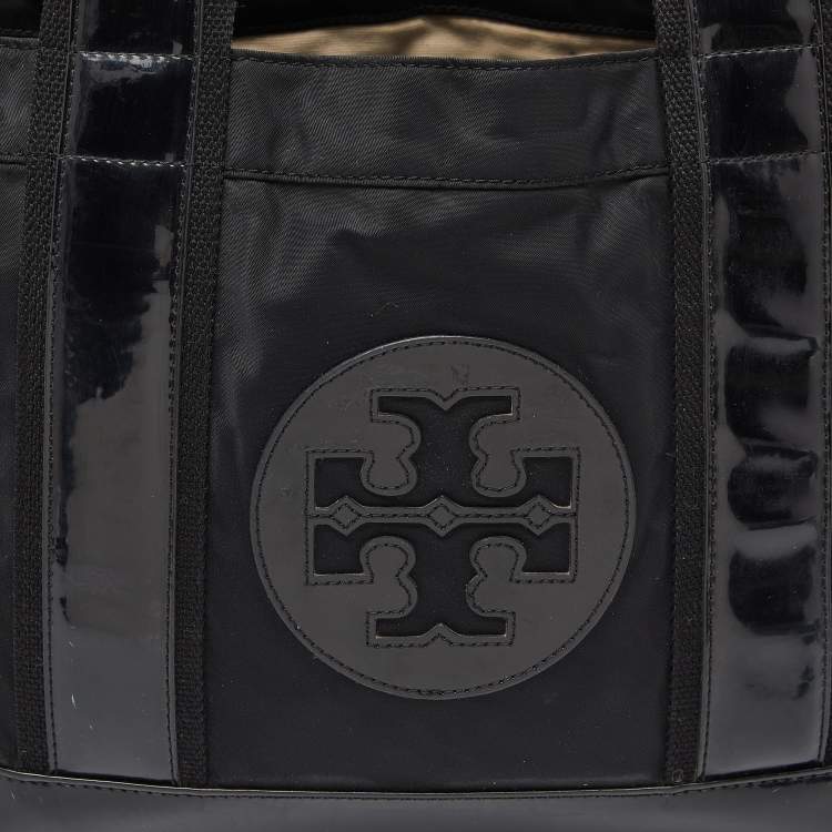 Pre Owned Tory Burch Black Nylon and Leather Ella Tote