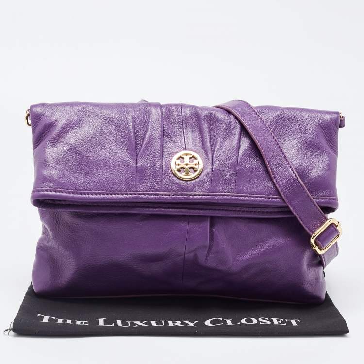 Pre Owned Tory Burch Purple Leather Verona Foldover Crossbody Bag