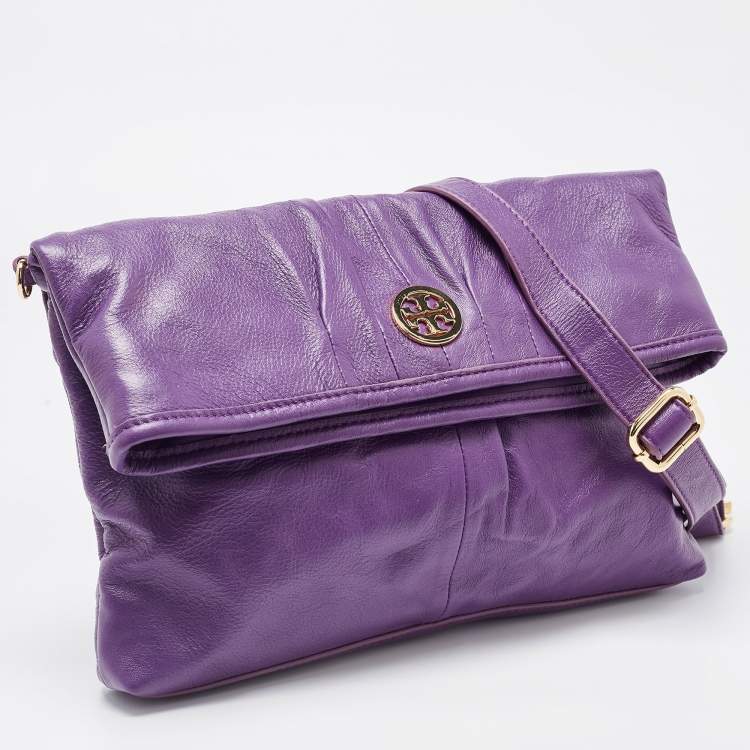 Pre Owned Tory Burch Purple Leather Verona Foldover Crossbody Bag