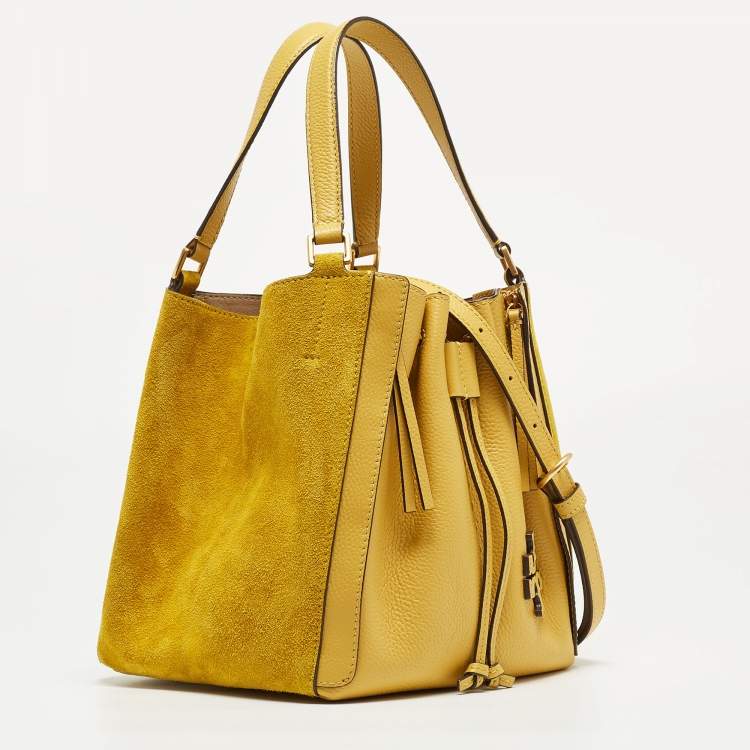 Pre Owned Tory Burch Yellow Leather and Suede McGraw Dragonfly Drawstring Bag