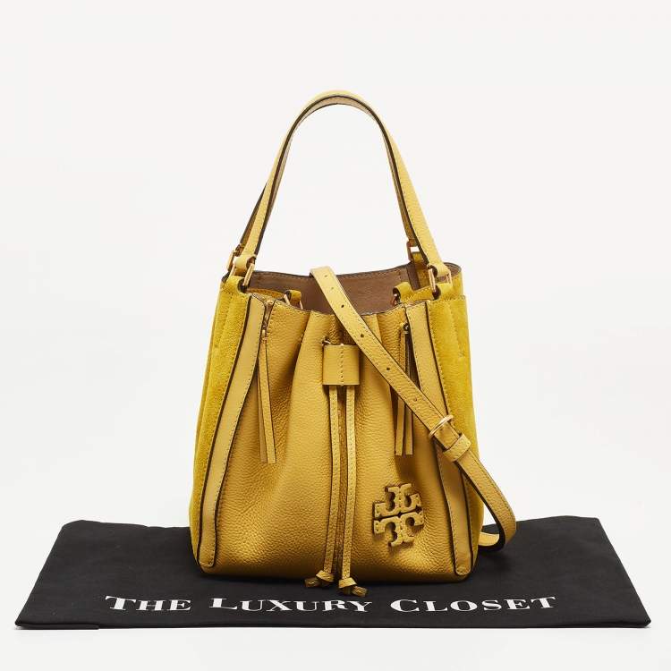 Pre Owned Tory Burch Yellow Leather and Suede McGraw Dragonfly Drawstring Bag