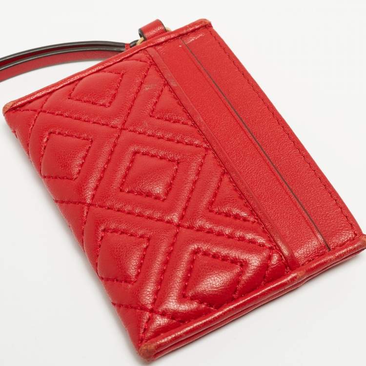 Pre Owned Tory Burch Red Quilted Leather Fleming Card Holder