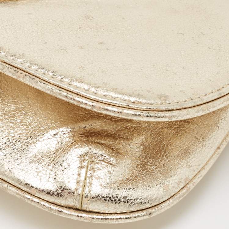 Pre Owned Tory Burch Gold Laminated Leather Reva Logo Crossbody Bag