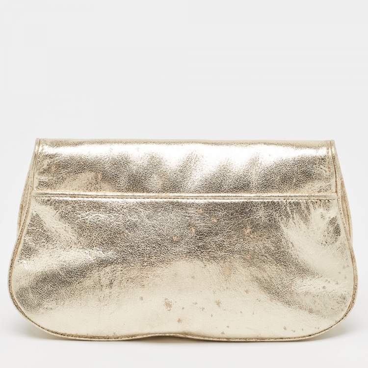 Pre Owned Tory Burch Gold Laminated Leather Reva Logo Crossbody Bag