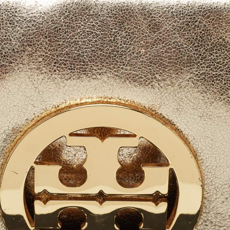 Pre Owned Tory Burch Gold Laminated Leather Reva Logo Crossbody Bag