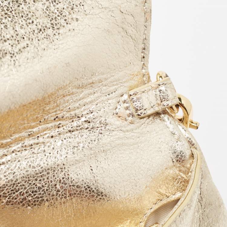 Pre Owned Tory Burch Gold Laminated Leather Reva Logo Crossbody Bag