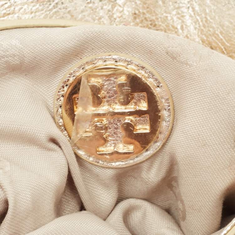 Pre Owned Tory Burch Gold Laminated Leather Reva Logo Crossbody Bag