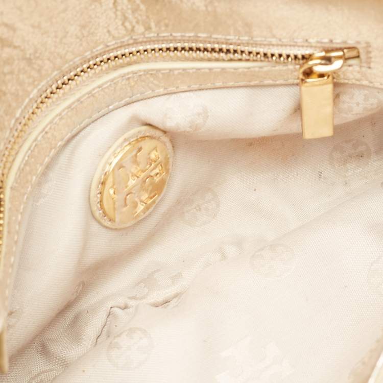 Pre Owned Tory Burch Gold Laminated Leather Reva Logo Crossbody Bag