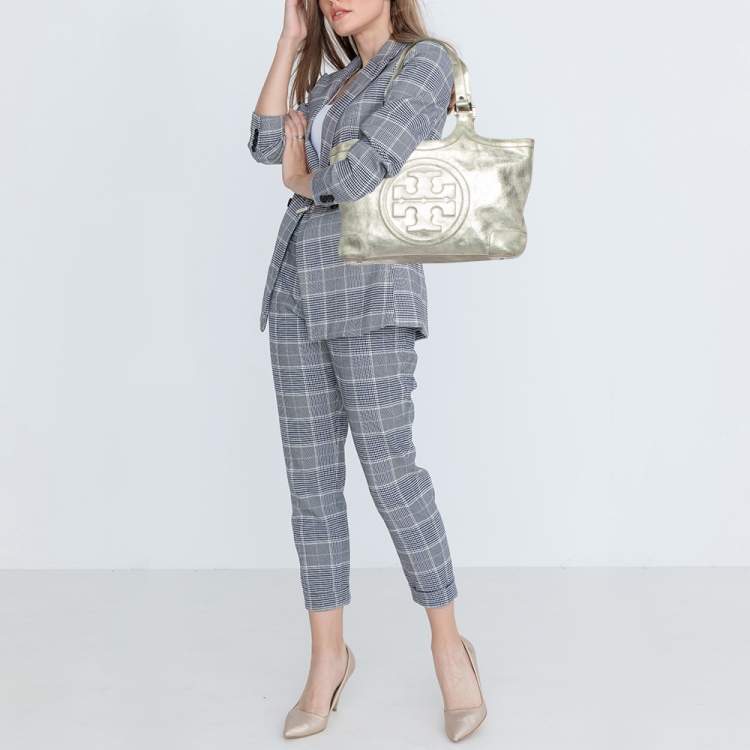 Pre Owned Tory Burch Gold Crackled Leather Bombe Tote