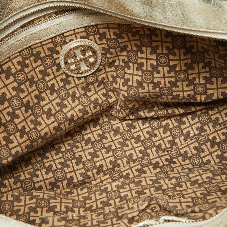 Pre Owned Tory Burch Gold Crackled Leather Bombe Tote