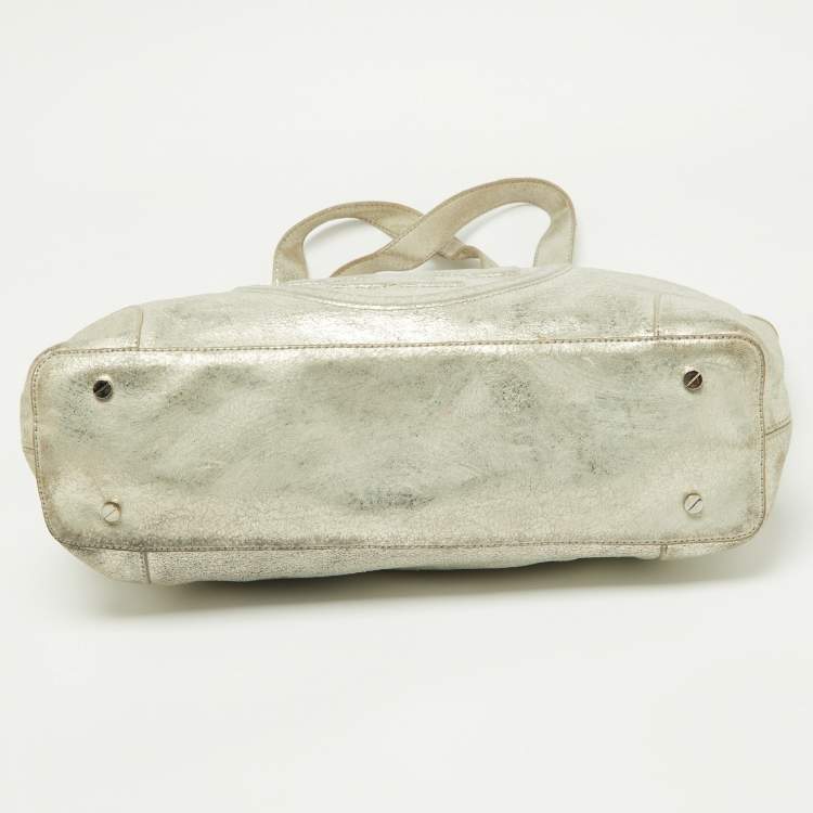 Pre Owned Tory Burch Gold Crackled Leather Bombe Tote