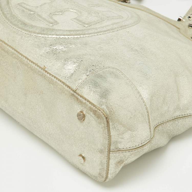 Pre Owned Tory Burch Gold Crackled Leather Bombe Tote