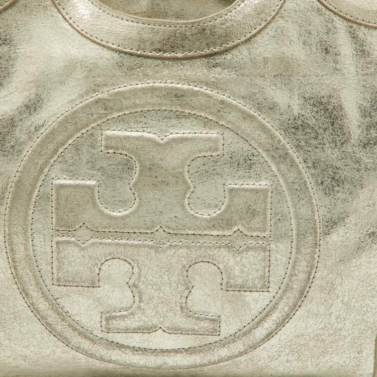 Pre Owned Tory Burch Gold Crackled Leather Bombe Tote