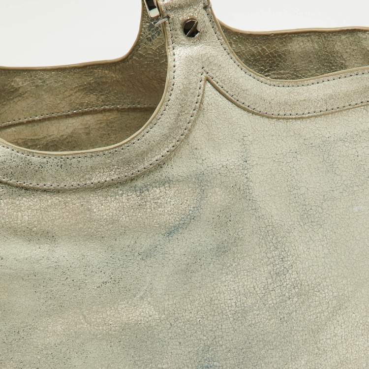 Pre Owned Tory Burch Gold Crackled Leather Bombe Tote