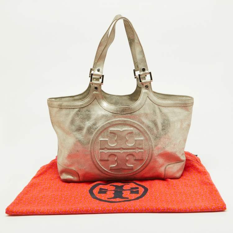 Pre Owned Tory Burch Gold Crackled Leather Bombe Tote