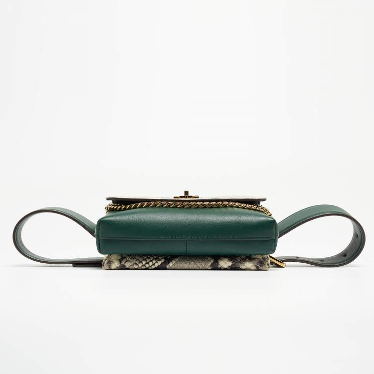 Pre Owned Tory Burch Green/Off-White Python Print Leather And Leather Kira Belt Bag