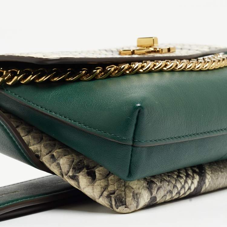 Pre Owned Tory Burch Green/Off-White Python Print Leather And Leather Kira Belt Bag