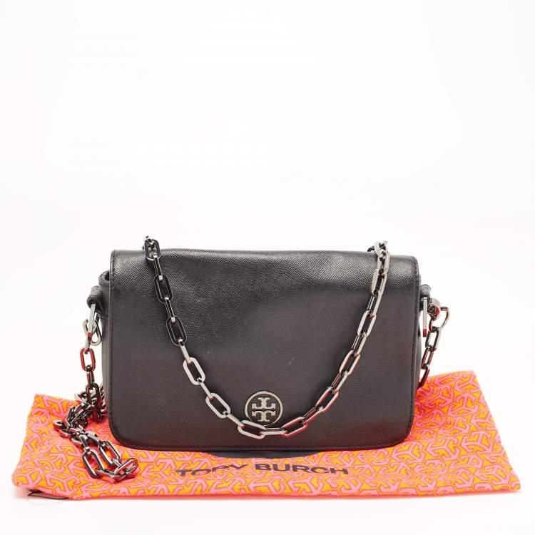 Pre Owned Tory Burch Black Leather Robinson Flap Crossbody Bag